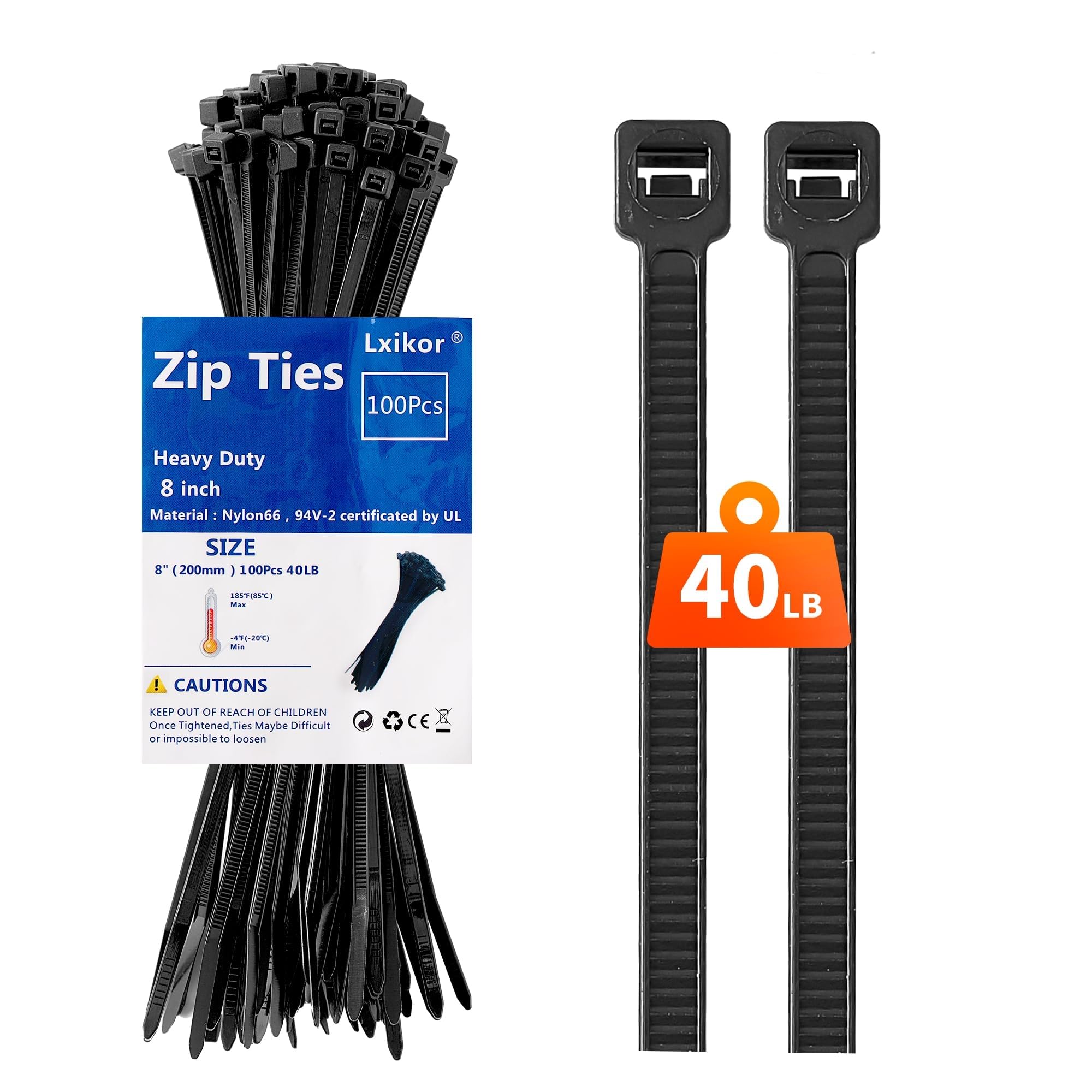 Amazon.com: Black Zip Ties 8 Inch, Cable Zip Ties 40lbs, 100 Pcs